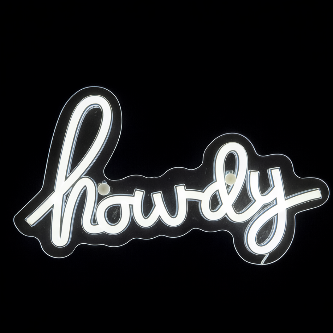 Cartel de neón _Howdy_ iluminado